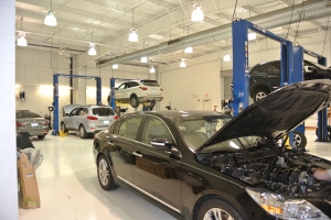New interior lights illuminate the service garage of a local car dealership in Detroit, MI.
