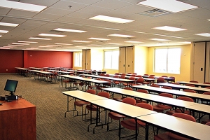 From the teacher's perspective, this shot of a classroom showcases the ideal blend of man-made and natural lighting.