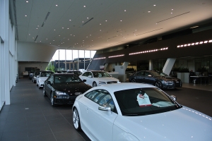 This dealership's lighting scheme exhibits a collection of white and black vehicles.