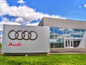 Close, ground-level view of an Audi location in Detroit. Management employed Rains Electric Company for a recent lighting installation and upgrade.